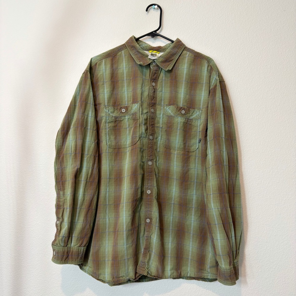 The North Face Plaid Button Down Mens Large Green Brown Good Rugged Hiking Shirt